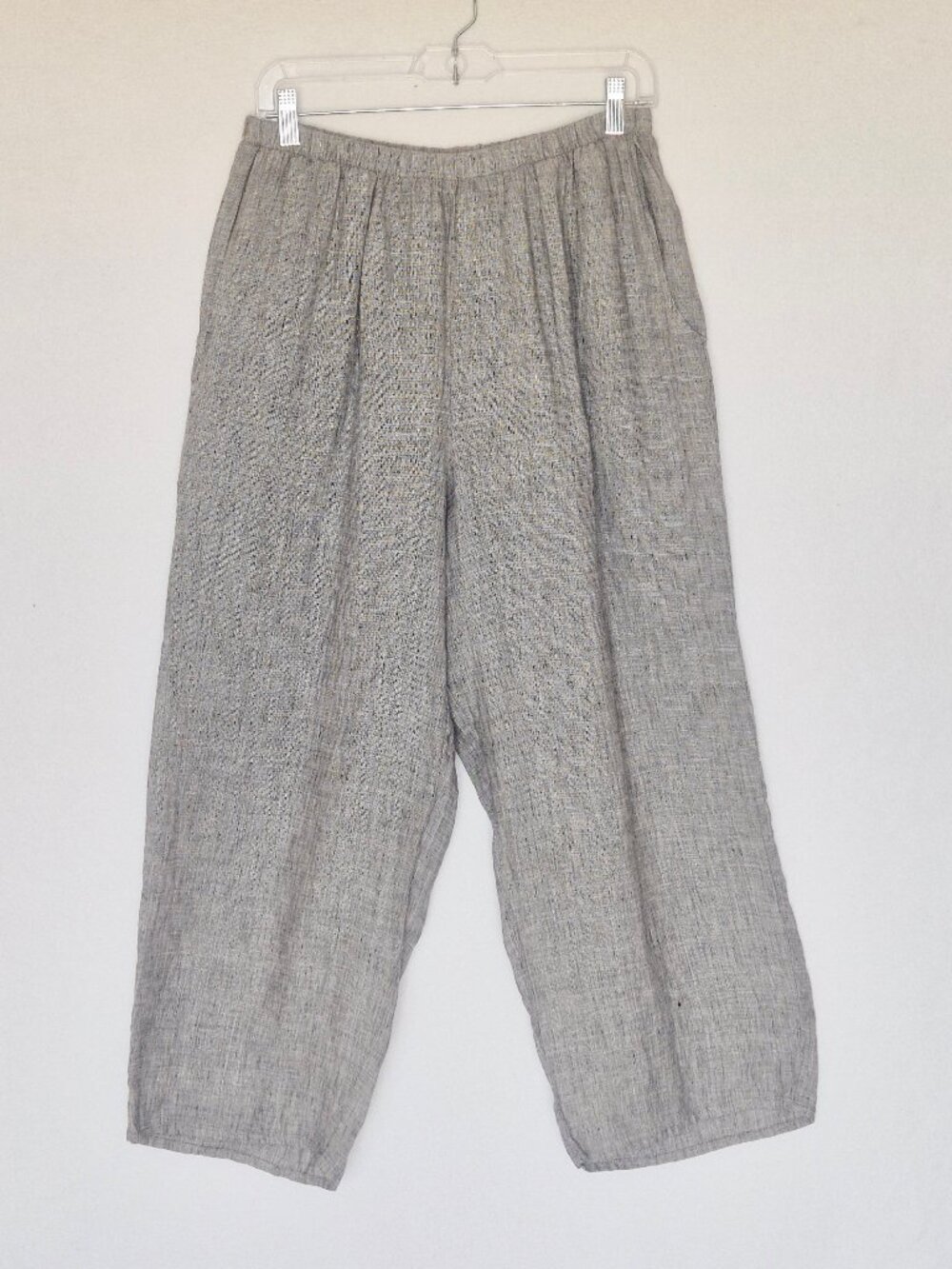 FLAX Linen Lagenlook Wide Leg Cropped Pants High Rise Elastic Waist Pocket Grey